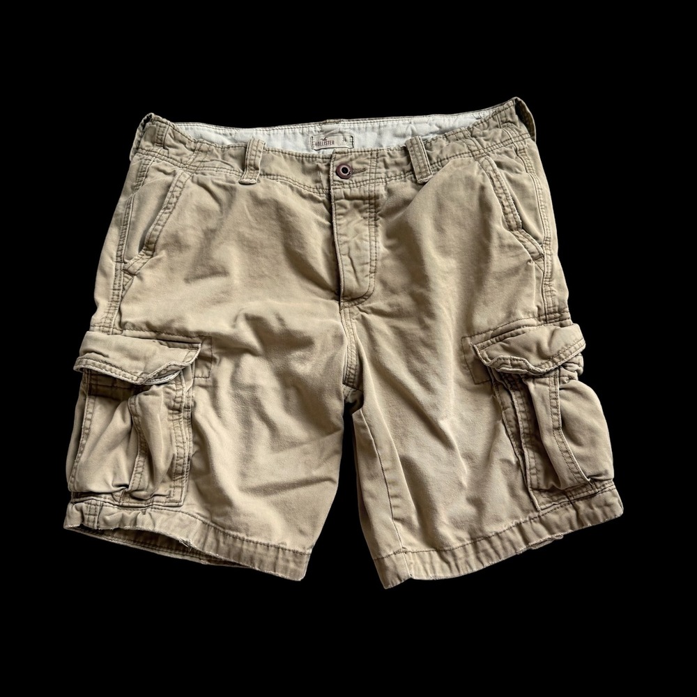 Y2K Hollister Tan Khaki Cargo Shorts Sz 34 Cotton Utility Multi Pocket 3H0538